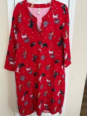 LA Cera Red Flannel Cat Print Nightgown S
